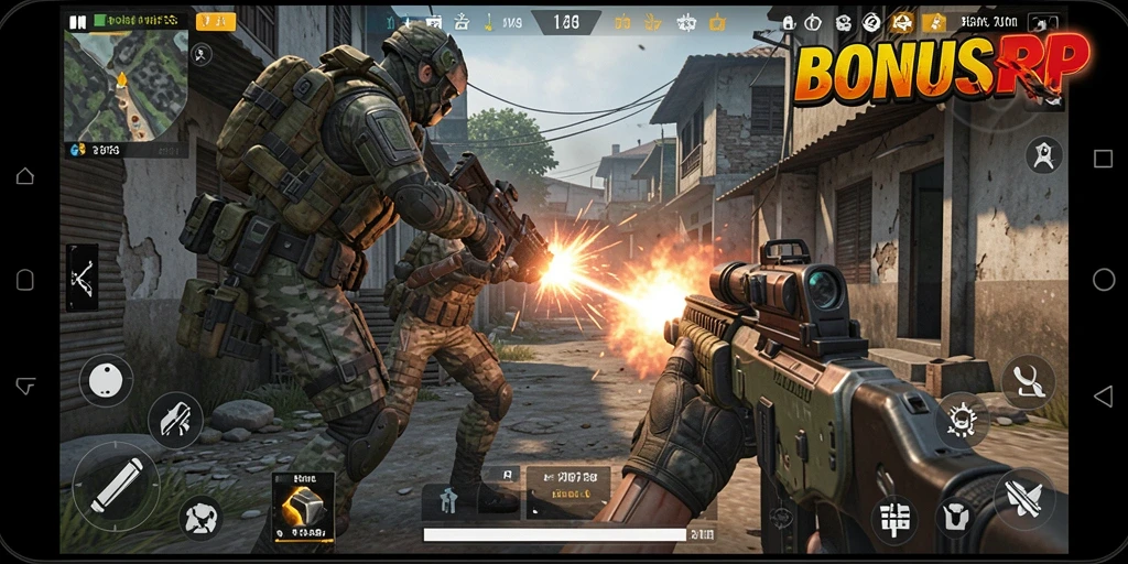 Tangkapan layar dari gameplay BONUSRP yang menegangkan dalam pertempuran FPS.