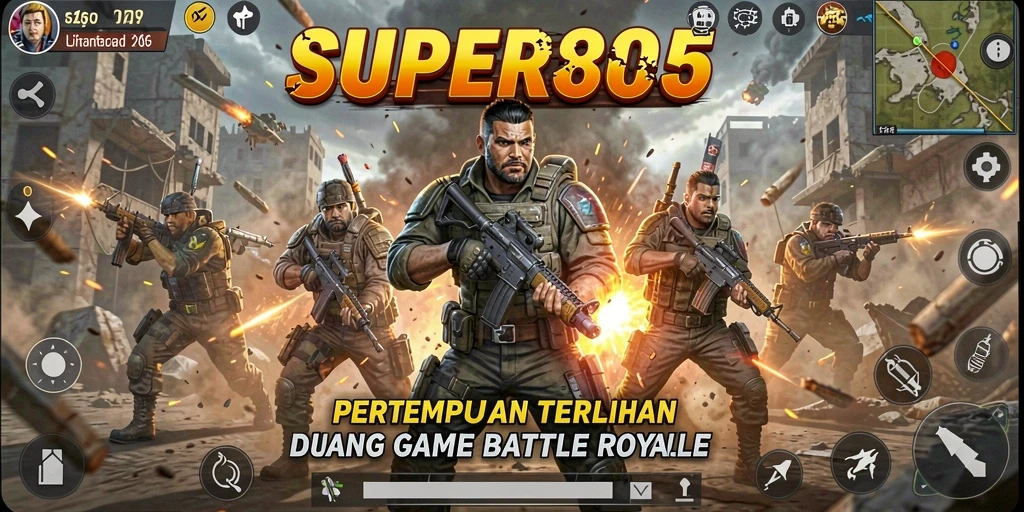 Tangkapan layar gameplay SUPER805 menampilkan pertempuran Battle Royale yang mendebarkan.
