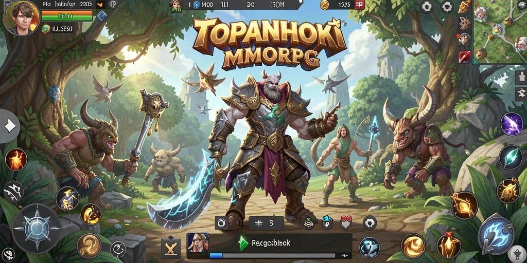 Tangkapan layar gameplay seru dari <strong>TOPANHOKI</strong> menunjukkan pertarungan epik dan dunia fantastis.